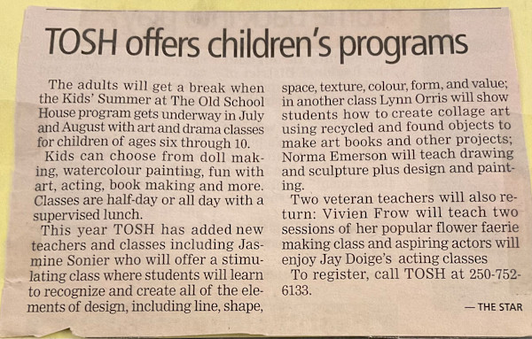 TOSH offers children’s programs by Vivian Frow, Lynn Orriss, Jasmine Sonier, Norma Emerson, Jay Doige