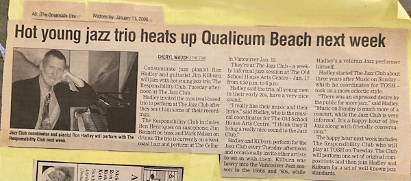 Hot young jazz trio heats up Qualicum Beach next week by Ron Hadley, Jim Kilburn, Ben Henriques, Jim Bennet, Mark Nelson