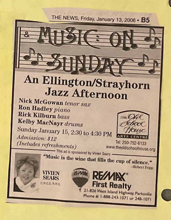 Music on Sunday - an Ellington/Strayhorm Jazz afternoon Jan 2006 by Ron Hadley, Jim Kilburn, Kelby MacNayr, Nick McGowan
