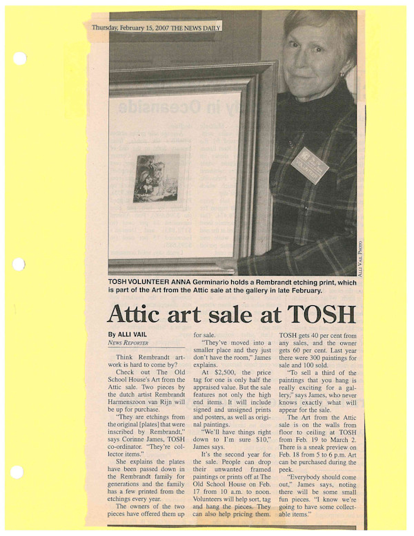 Attic art sale at TOSH - News Article 2007 by Corinne James, Anna Geminario, Rembrandt Harmenszoon van Rijn