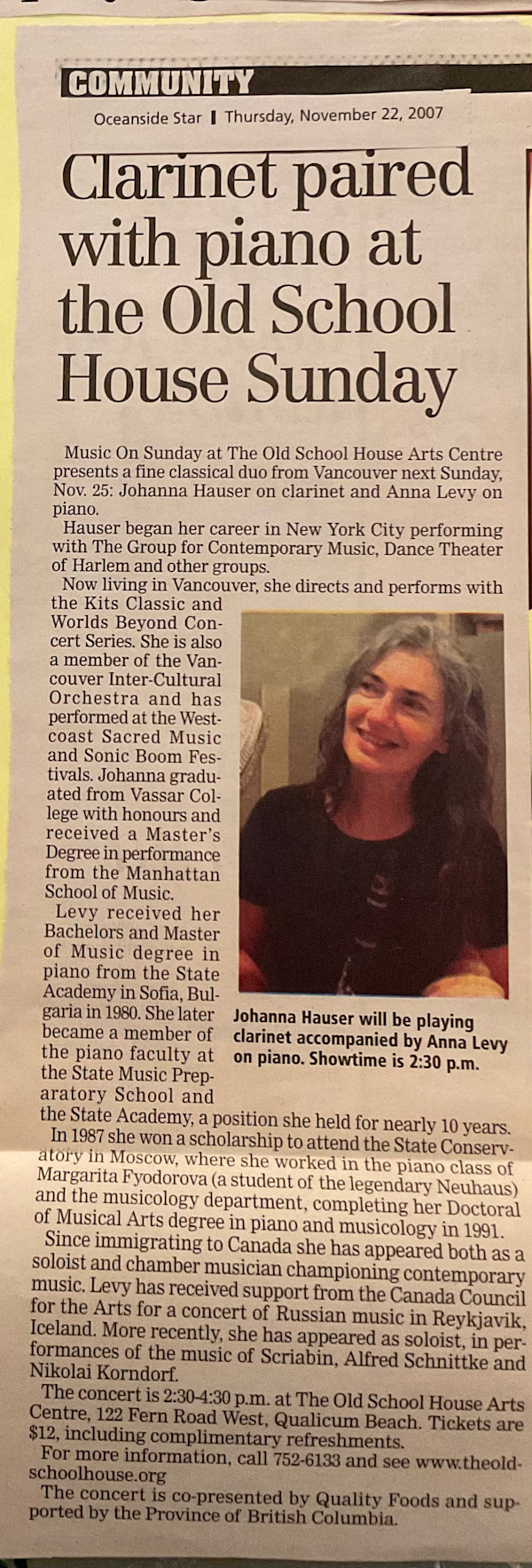 Clarinet paired with piano at the Old School House Sunday by Johanna Hauser, Anna Levy