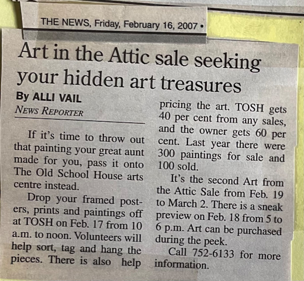 Art in the Attic sale seeking your hidden art treasures- news article 2007