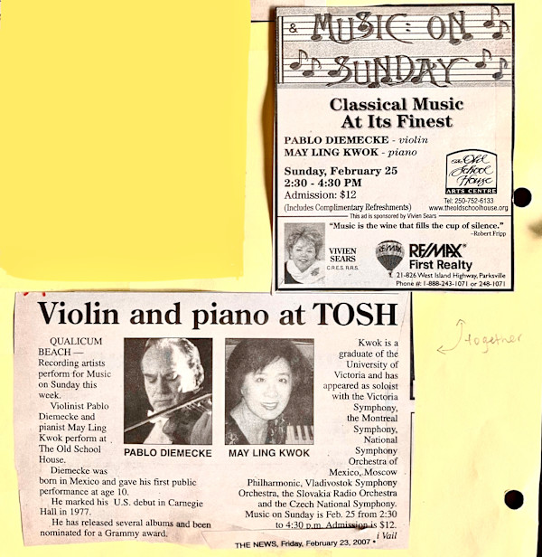 Violin and piano at TOSH - Classical Music at its finest - News clippings 2007 by May-Ling Kwok, Pablo Diemecke, May Ling Kwok