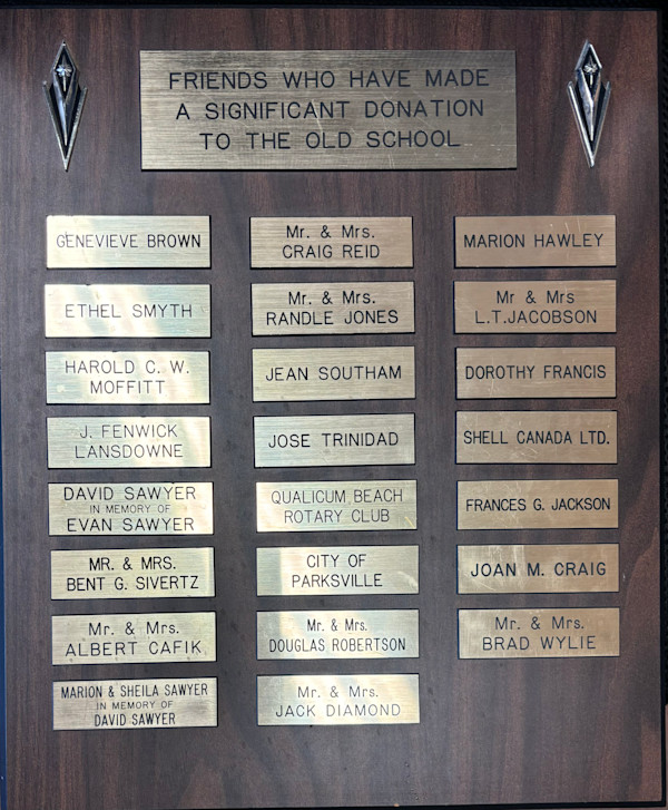 Significant Donor Plaque by Bent G. Sivertz, Mrs Cafik, Ethel Smyth, Harold C. W. Moffitt, J. Fenwick Lansdowne, David Sawyer, Craig Reid, Mrs. Reid, Jack Diamond, Mrs Diamond, Genevieve Brown, Evan Sawyer, Mrs Sivertz, Albert Cafik, Marion Sawyer, Sheila Sawyer, Randle Jones, Mrs Jones, Jean Southam, Jose Trinidad, Douglas Robertson, Mrs Robertson, Marion Hawley, L.T. Jacobson, Mrs Jacobson, Dorothy Francis, Frances G. Jackson, Joan M. Craig, Brad Wylie, Mrs Wylie