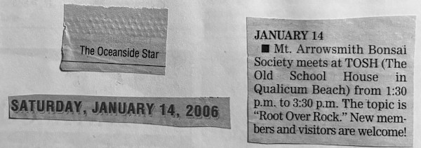 Mt Arrowsmith Bonsai Society meeting ad