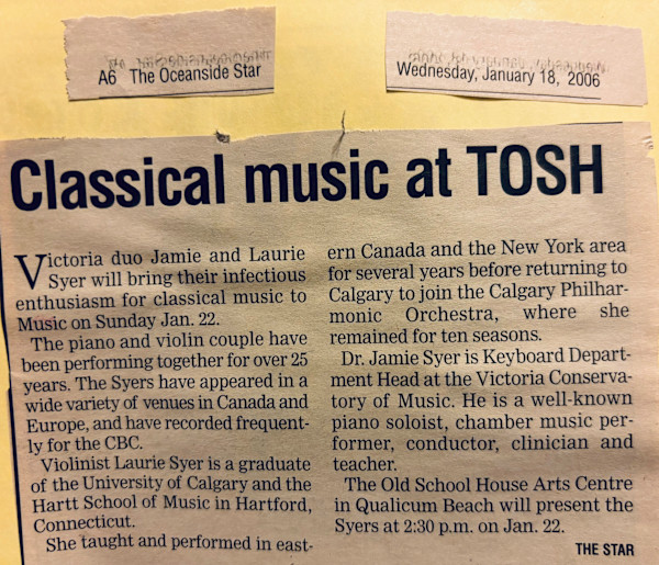 Classical music at TOSH/ Music on Sunday, January 2006 by Jamie Syer, Laurie Syer