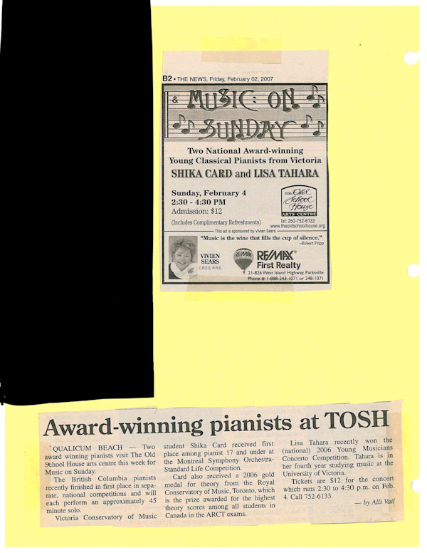 Award Wining Pianists at TOSH- News article 2007 by Shika Card, Lisa Tahara