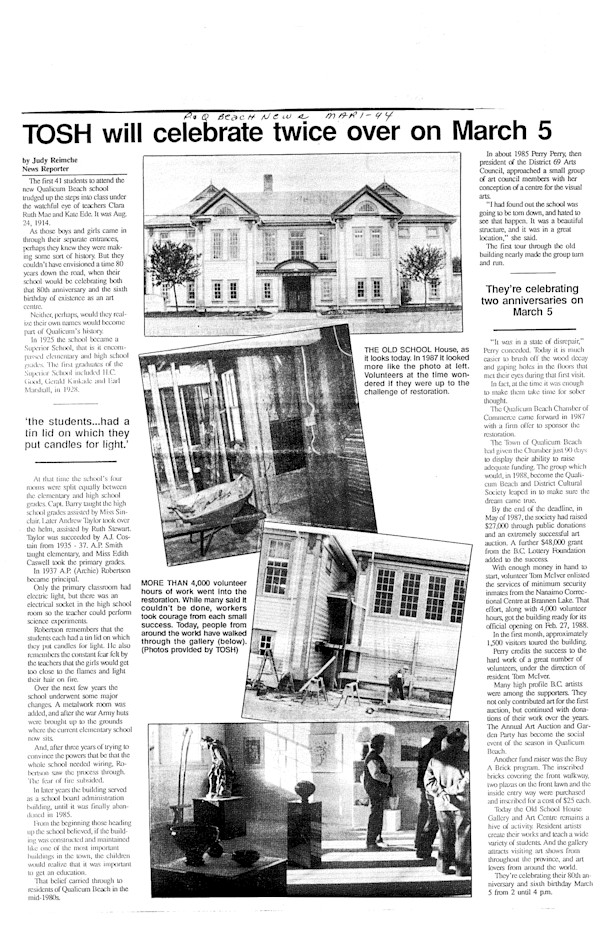 TOSH will Celebrate Twice Over on Mar 5, 1994 by Clara Ruth Mae, Kate Ede, H.C. Good, Gerald Kinkade, Earl Marshall, Capt. Barry, Miss Sinclair, Andrew Taylor, Ruth Stewart, A.J. Costain, A.P. Smith, Archie Robertson, Perry Perry, Tom McIver