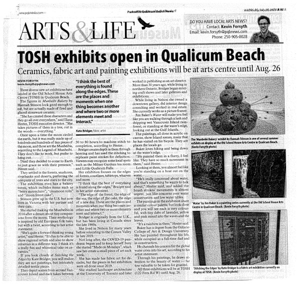 TOSH exhibits open in Qualicum BEach by Kevin Forsyth, Hannah Stinson, Illana Hestor, Kate Bridger, Jim Baker