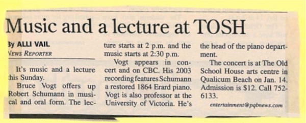 Music and lecture at TOSH- News clipping 2007 by Bruce Vogt, Robert Schumann