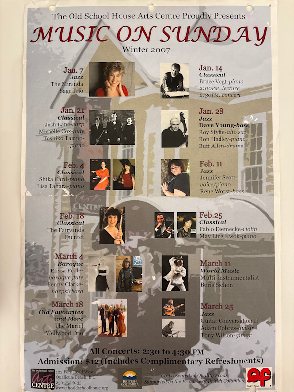 Music on Sundays Winter 2007-2017 by Miranda Sage Trio, Buff Allen, Shika Card, Penny Clarke, Michelle Cox, Pablo Diemecke, Adam Dobres, Ron Hadley, May Ling Kwok, Josh Layne, Elissa Poole, Miranda Sage, Jennifer Scott, Boris Sichon, Roy Styffe, Lisa Tahara, Toshiko Tampo, Bruce Vogt, Muriel Wellwood, Tony Wilson, Rene Worst, Dave Young, Bijoux du Bayou, Erik Abbink, Tom Ackerman, Laura Backstrom, Tony Booker, Borgy Borgerson, Emily Braden, Ken Broadway, Kenneth Broadway, Mary Byrne, Ann Elliot-Goldschmid, Karen Enns, Brenda Fedoruk, Jane Hayes, Liam Hockley, Francois Houle, Cris Inguanti, Rachel Iwaasa, Rachel Kiyo Iwaasa, Daryl Jahnke, Tom Keenlyside, Kurt Kellan, Rick Kilburn, Alexandria Le, Ken Lister, Roger Mangas, Michelle Mares, Devon McCagherty, Nick McGowan, Mark McGregor, Mark McGregor, Pat Milano, Julian Milkis, Lorraine Min, Daniel Nix, Donald Oehler, Alex Olson, Heather Pawsey, Monica Pfau, Alexandra Pohran-Dawkins, Mathew Poon, Matthew Poon, Kate Rhodes, Michelle Richard, Kara Routley, Arthur Rowe, Eugene Skovirodnikov, Joey Smith, Sharon Stanis, Wendy Stofer, Nola Strand, Ross Taggart, Avan Yu, Tom Colclough, Jamie Croil, Sara Davis Buechner, Bill Hicks, Victor Kuleshov, Anna Levy, Diane Lines, Susan Pascal, Clare Yuan, Frances Armstrong, Allison Au, Tina Chang, Alexander Dawkins, Rebecca Hissen, Kristin Hoff, Antione Joubert, May-Ling Kwok, Hugues Leclere, Pierre-Andre Doucet, Vince Mai, Scott Meek, Geronimo Mendoza, Becky Noble, Emily Yu, Sara Airoldi, Dale Barltrop, Patricia De Gabrielle, Patrick De Gabrielle, Massimo Folliero, Grace Huang, Michael Jones, Maureen Washington, Nicholas Wright, Sarah Tradewell, Mark Anderson, Jadon Cutmore, Aliayta Goon-dancoes, Marco Grieco, Jenny Gunter, Pamela Highbaugh Aloni, Robert Holliston, Louise Hung, Rebecca Kilgore, Andrea L’Heureux, Vivian Lou, Rosemary O’Connor, Charlie Porter, Reginald Quiring, Craig Scott, Rick Scott, Sherri Ulrich, Anna Vavilova, Antoine Joubert, Suzanne, Stephanie Bell, Evelyn Brendon, Alexander Dunn, Sarah Fryer, Ivonne Hernandez, Michael Jarvis, Tad Ruszel, Yoomi Snizek, Soile Stratkauskas, Barry Tan, Chris Wallace