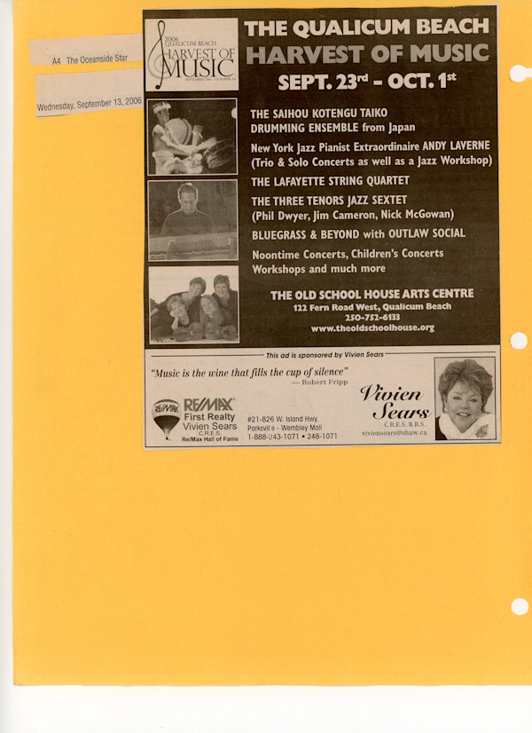 The Qualicum Beach Harvest of Music - Advertisement - 2006 - September - October by Outlaw Social, Saiho Kotengu Taiko Kagura Ensemble, The LaFayette String Quartet, The Three Tenors, Jim Cameron, Phil Dwyer, Andy LaVerne, Nick McGowan, Bluegrass & Beyond