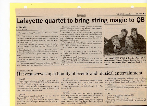 Lafayette Quartet to bring string magic to QB -2006 by Sharon Stanice, Ann Elliott-Goldschmid, Joanna Hood, Pamela Highbaugh Aloni