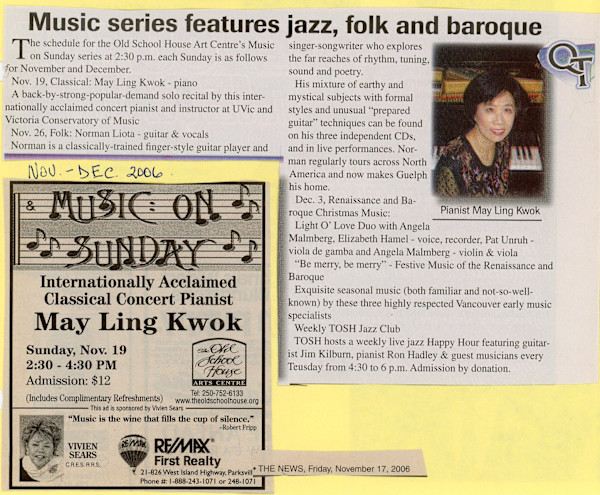 Music series features jazz, folk and baroque - Newspaper Clipping 2006 by May-Ling Kwok