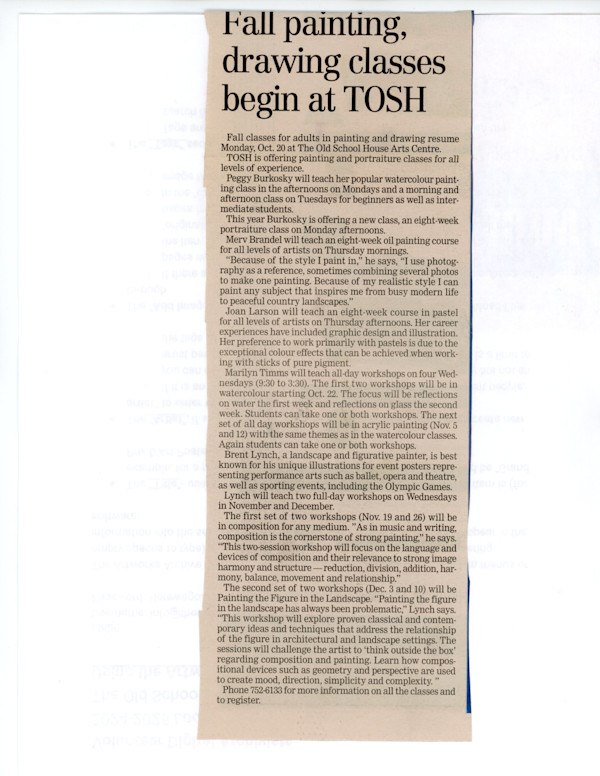 Fall painting drawing classes begin at TOSH - 2008 by Merv Brandel, Peggy Burkosky, Joan Larson, Marilynn Timms, Brent Lynch