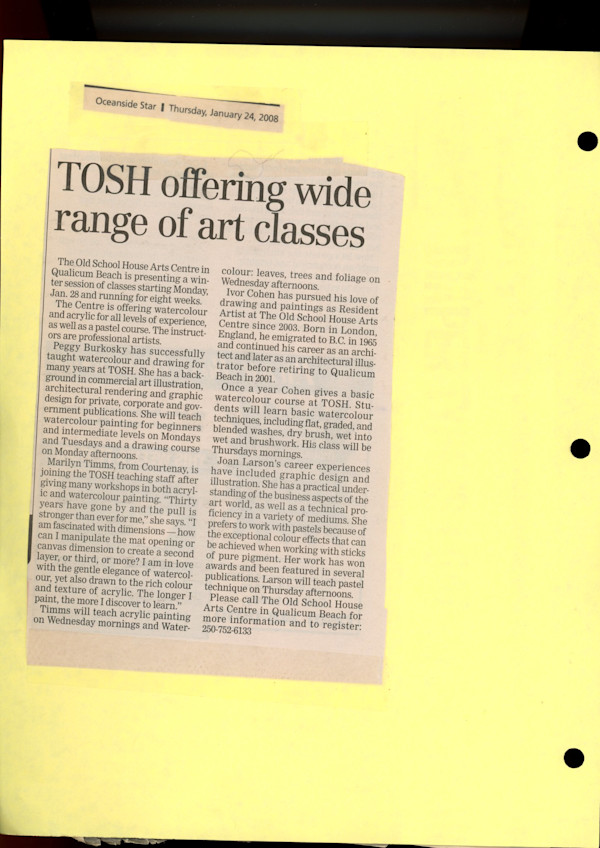 TOSH Offering wide range of art classes by Peggy Burkosky, Ivor Cohen, Joan Larson, Marilyn Timms