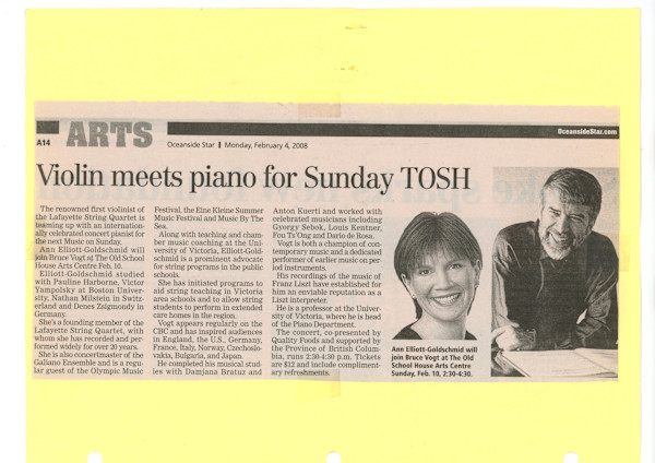 Violin meets piano for Sunday at TOSH by Bruce Vogt, Ann Elliot-Goldschmid, Pauline Harborne, Victor Yampolsky, Nathan Milstein, Denes Zsigmondy