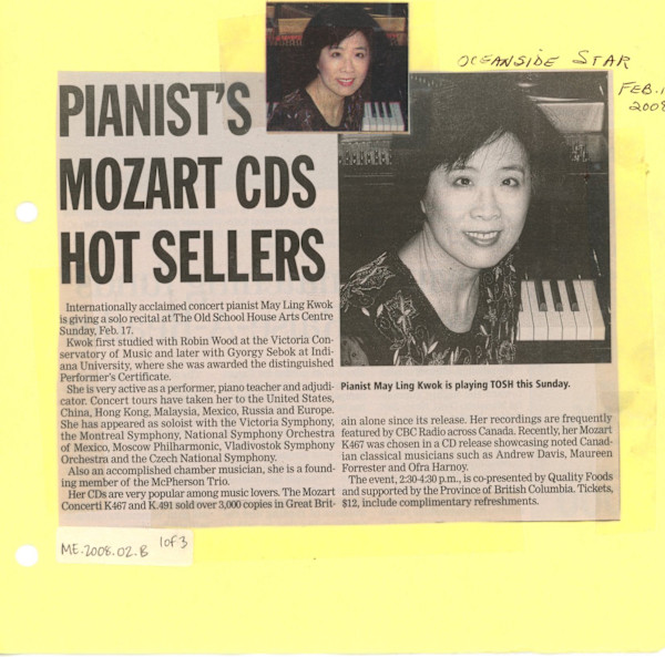 Pianist's Mozart CDs Hot Sellers Music on Sunday Feb 2008 by May Ling Kwok