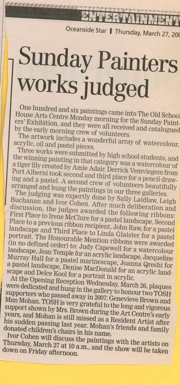 Sunday Painters works judged by Genevieve Brown, Leigh Buchanan, Ivor Cohen, Denise MacDonald, Man Mohan, Joanna Qureshi, John Raw, Amie Adair, Derrick Vemviegem, Sally Laidlaw, Irene McClure, Linda Glaister, Judy Capewell, Jean Temple, Jacqueline Murray Hall