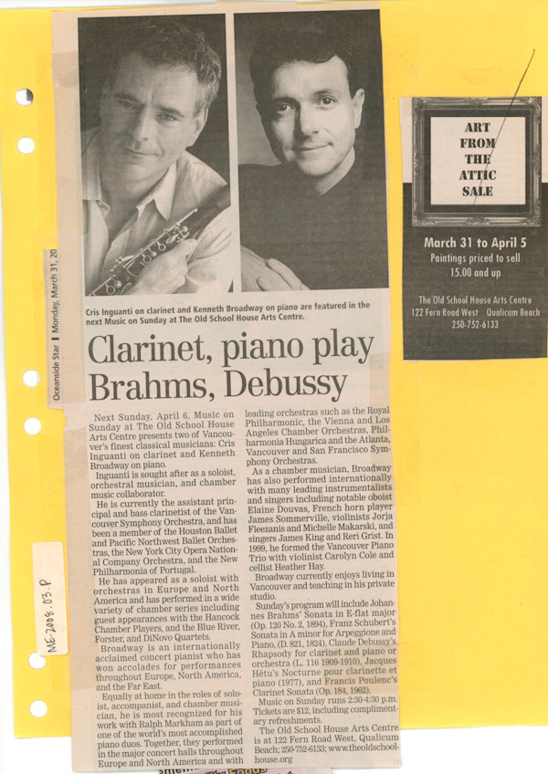 Clarinet, piano play Brahms, Debussy by Cris Inguanti, Kenneth Broadway