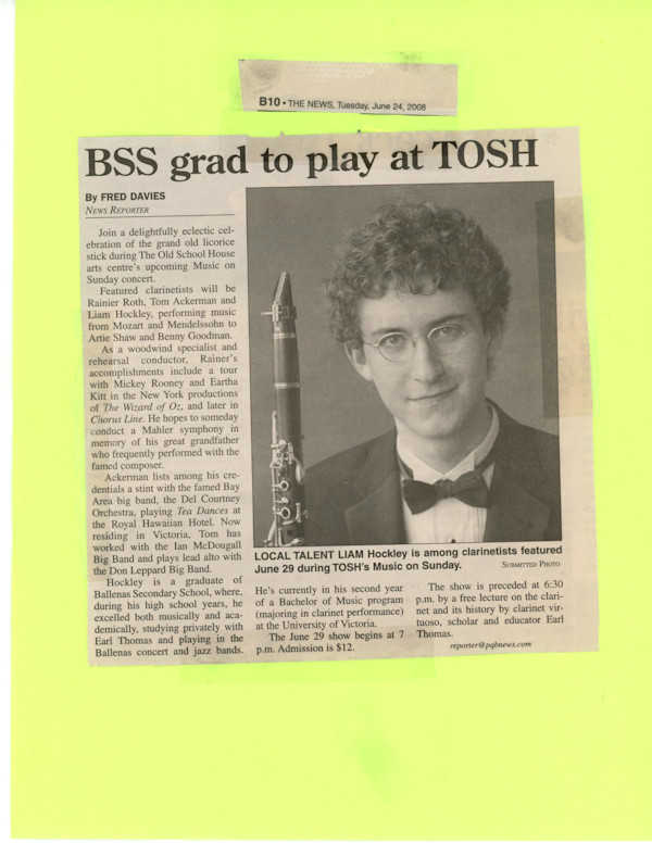 BSS grad to play at TOSH by Liam Hockley, Fred Davies, Rainier Roth, Tom Ackerman, Artie Shaw, Benny Goodman, Earl Thomas, Patricia Kostek, Rebecca Fischer, Tony Booker, Vivien Sears, Ron Hadley, Alex Olson
