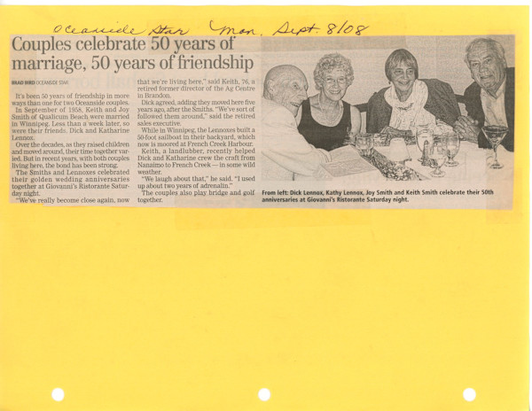 Couples celebrate 50 years marriage, 50 years of friendship by Keith Smith, Joyce Smith, Dick Lennox, Katherine Lennox, Brad Bird