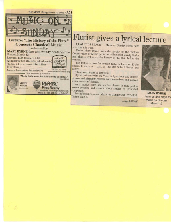 Flutist gives a lyrical lecture / Music on Sunday by Mary Byrne, Wendy Stofer