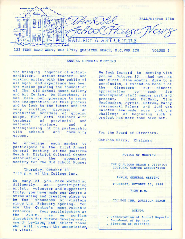 Newsletter Volume#2 Fall/Winter 1988 by Jo Merrill, Cecil Dawson, Signy Cohen, Elaine Duncan, Don Emerson, Bege Johnston, Jason Marlow, Francois Mongeau, Buster Wilson, Pat Audley, Roland Marion, Evelyn Scott, Cecile Vanwoensel, John Michener, Pat Thompson, Ed Nemeth, Brian Anderson, Peggy Burkosky, Gillian Crawley, Antonia Olak, Zbigniew Olak, Pauline Pike, Jim Roscoe, Kristeen Verge, Steven Haines