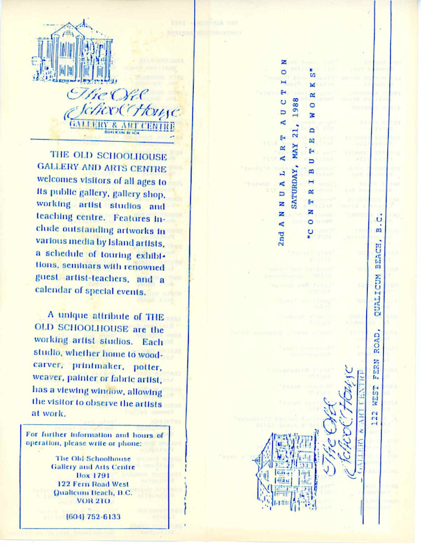 2nd Annual Art Auction - May 1988 by Peggy Burkosky, Dorothy Francis, Rosemarie Gall, Harry Heine, Peter Ewart, Simon Camping, Mark Henderson, Graham Herbert, John Hiebert, Don Li-Leger, Jack Lee McLean, Bruce Muir, Toni Onley, Pauline Pike, Jack Shadbolt, Millie Shapiro, Edward Snyder, Pat Audley, Kathleen Johanneson, Marla Wilson, Thomas Wall, Robert Walker, Jose Trinidad, Pat Martin Bates, Mark Hobson, Neil Howell, E.J. Hughes, Max Jacquiard, Browni Joerin, Flemming Jorgensen, Andrew Kiss, J. Fendwick Lansdowne, Larry Aguilar, Elaine Duncan, Claudia Gray, Gordon Hutchens, Roland Marion, Jason Marlow, Francois Mongeau, Pat Thompson, William Townsend, Kristeen Verge, Buster Wilson, Cynthia Rayner, Robin Hopper, Anne Boquist