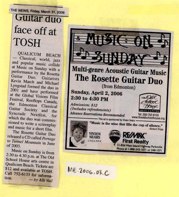 Guitar duo face-off of at TOSH, Music on Sunday- The Rosette Guitar Duo by Kevin March, Michael Lyngstad