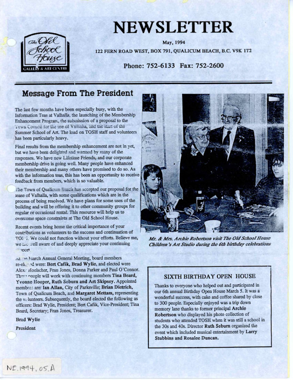 Newsletter - May 1994 by Babe Gunn, Linda Haylock, Maureen Marshall, Bill McKibbin, Dorothy Nicholson, Heather Joy Robinson, Charlotte Kennedy Flitton, Bruno Clozza, Mary Leigh Campbell, Olivia Mennie, Isobel Monson, Dan Graham, Alan Wylie, Mike Svob, Lynn Donoghue, Lupe Rodriguez, Bill Duma, Larry Aguilar, Wanda Ashmore, Peggy Burkosky, Pauline Pike