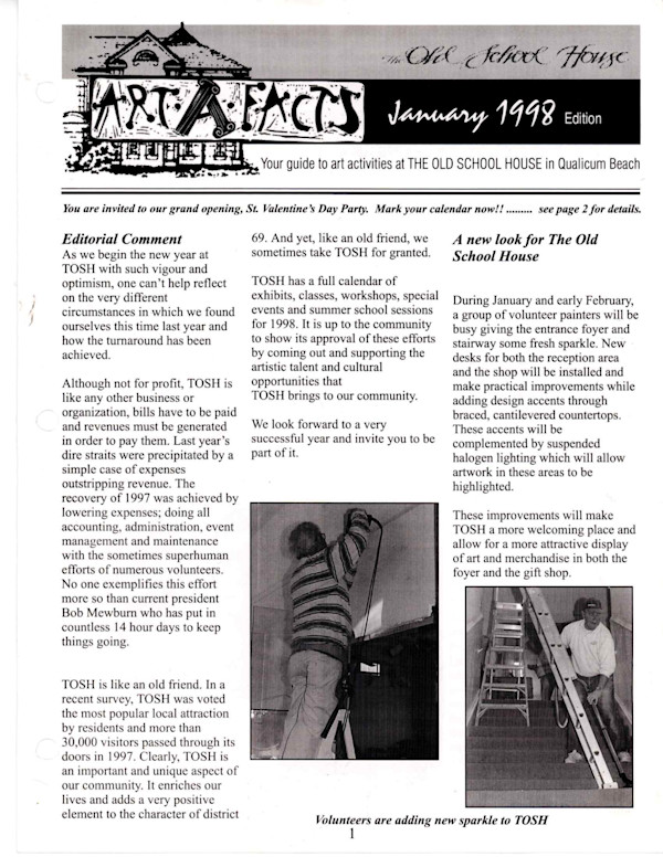 Newsletters 1996: Art in Action and 1998: Art-A-Facts by Mary Leigh Campbell, Dan Gray, Gerda Hofman, Nancy Kruyt, Deborah Maddocks, Anne Marie Veale, Larry Stubbins, Don Mervin, Chris Warren, Shirley McGill, Lyndsay Gibbons, Doug Folkins, Dianne Upper, Bill Rhone, lou Roelofsen, Jesi Barron, joyce burns, Marguerite Stevens, June Boggs, Bob Hunt, Larry Lewis, bill grant, Roger Schrameyer, Rose-Marie Winsby, Bud Tillotson, penny Antifave, Jill gooden, Martin Bradpiece, Audrey Cameron, Dorothy Francis, Pauline Pike, Evelyn Scott, Marge Campbell, Charolette Campbell, Bruce Cryer, Gwen Curry, Carol Frank, Jane Garcia, Lenore Hellum, Kiff Holland, Joyce Kamikura, Renee Wilson, Bill Luchtmeijer, Wendy Saville Wilkes, Bonnie Klein, Frank Sudol, Muriel Patterson, Wendy Robson, Louise Slobodan, Gail Rankin, Mary Peake, Dave Sheppard, Gill Kanachowski, Flo Peel, Susan Murrell, Mary Effa, Larry Aquilar, Hugh Carter, Marjorie Gueho, Yvonne Hooper, Nancy Kruyt, Jason Marlow, Bob Mewburn, Deanne Pilchak, Cheryl Rimmer, Edna Wood, Marlys Robinson, Carole Goodwin, Wilma Richardson, Ray Ludford, Doris Ritchie, Joan O'Ryan, Sally Chard, Linda Reid, Marlyn Swail, Dixie Deans, Deborah Maddocks, Darlene Kellett, Ruth MacKenzie, Bryan Kanarens, Daphne Kellett, William Allister, Colleen Butcher, Frank Gough, Ted Jolda, Horst Lowell, Tom McIver, Edie Miller, Carmen Mongeau, Keith Smith, Sheila Steele, Elsemarie Wilson, Naomi Cairns, Dale McEwan, Larry Jacobson, Stan Hagen, Daniel Lapp, Susan Minchin, Dixie Deans, Don Emerson, Norma Emerson, Rosemarie Gall, Pat Hart, Bill McKibbin, Brad Wylie, William Allsister, Graeme Shaw, Sherry Lee, Mehdi Naimi, Loraine Veysey, Des Bevis, Dan Gray, Pat Holland, Lynn Orriss, Fred Peters, Isabelle Sevrsain, Wanda Ashmore, Gina Harris, Isabelle Marchand, Robin La Pleur