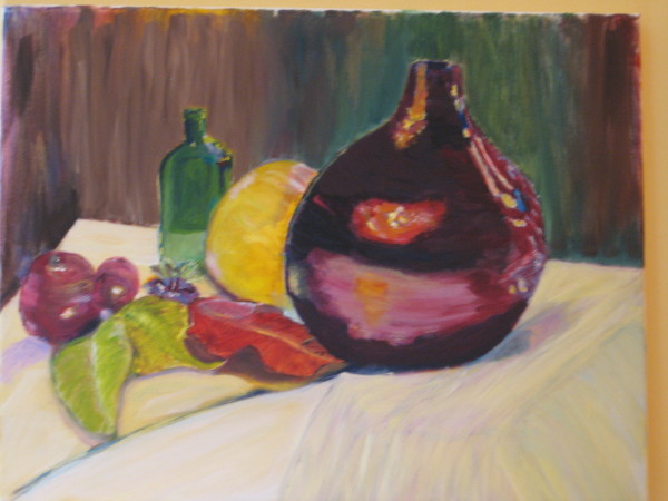 Bottles, fruit, leaves by Becky Cook