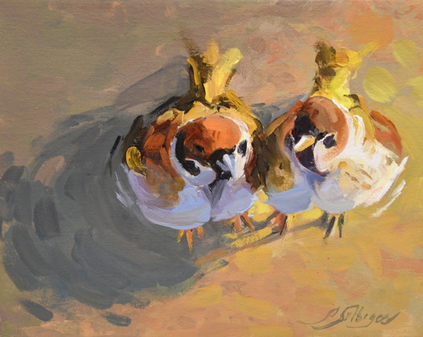 Pair of Morning Sparrows 8 by 10 by Patricia Silbiger