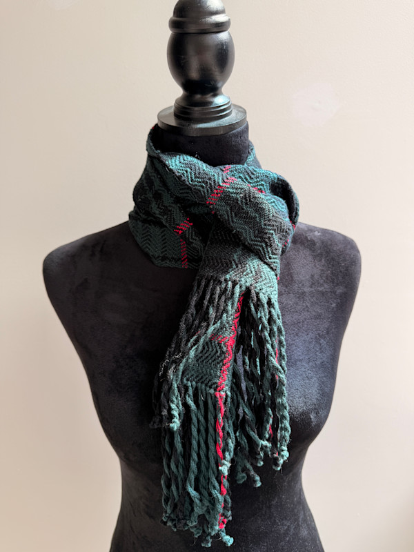 Green + Black plaid scarf by Jill Hankins, Image 4.
