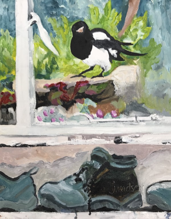 Daddy Magpie teaching young ones  by Judith Madsen