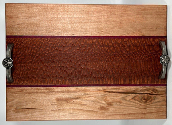 Maple, Purple Heart and Lacewood Serving Tray with Handles by Scott Levy, Image 1.