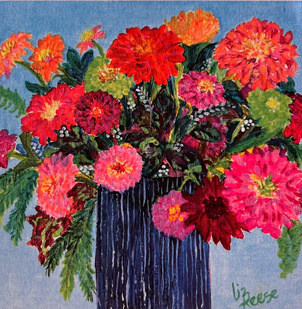 Zinnias in blue vasen by Liz Reese
