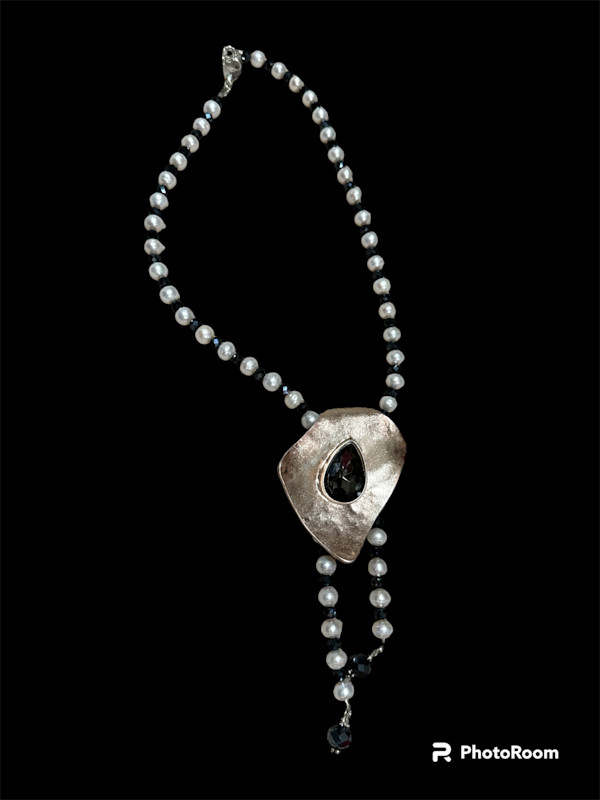 Pearl and black Bead Necklace with Silver and Back Pendant by Barbara Miller