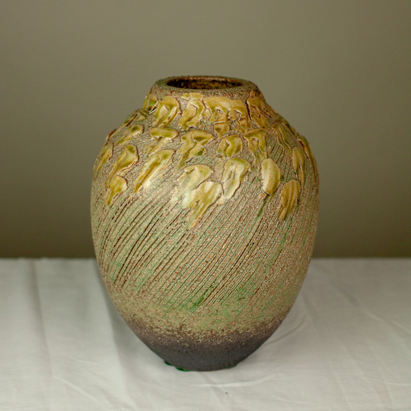 Ikebana Vase, Textured With Soft Green Detail, Vintage, Image 2.