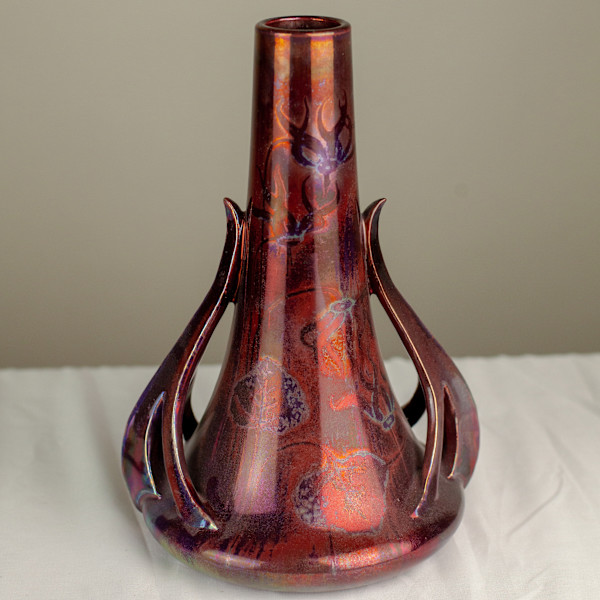 Lustre Iridescent Art Nouveau Leaf and Flower Pattern Vase by Delphin Massier, Vallauris, Image 1.