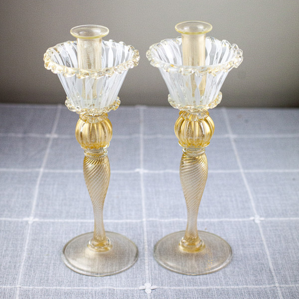 Murano Glass Gold & White Candlesticks Pair, Image 3.