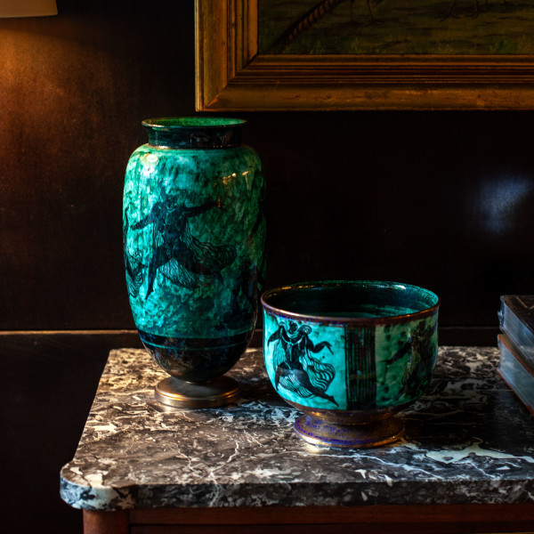 Set of 2 Glazed and Gilt Stoneware Vessels by Jean Mayodon
