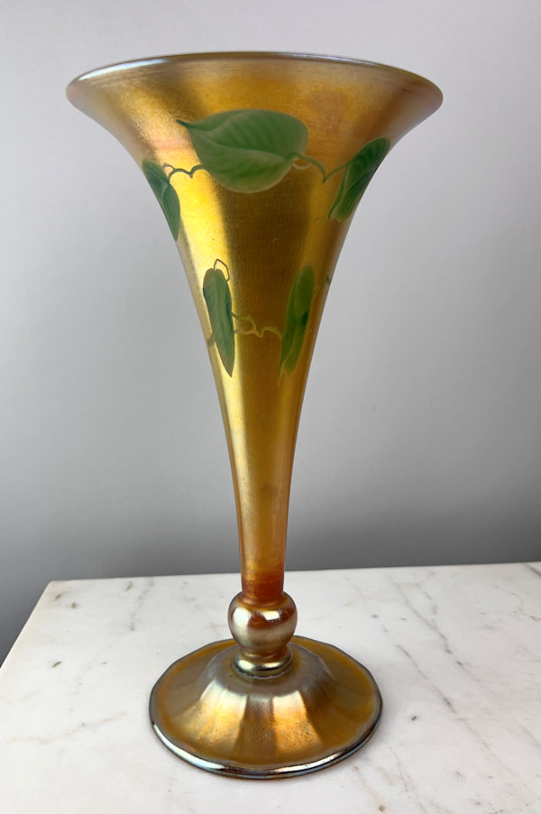 Tiffany Studios Gold Favrile Glass Trumpet Vase with leaf and vine decoration by Tiffany Studios, Louis Comfort Tiffany