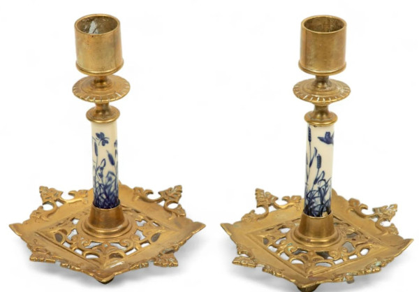 Pair of Brass and Porcelain Candlesticks