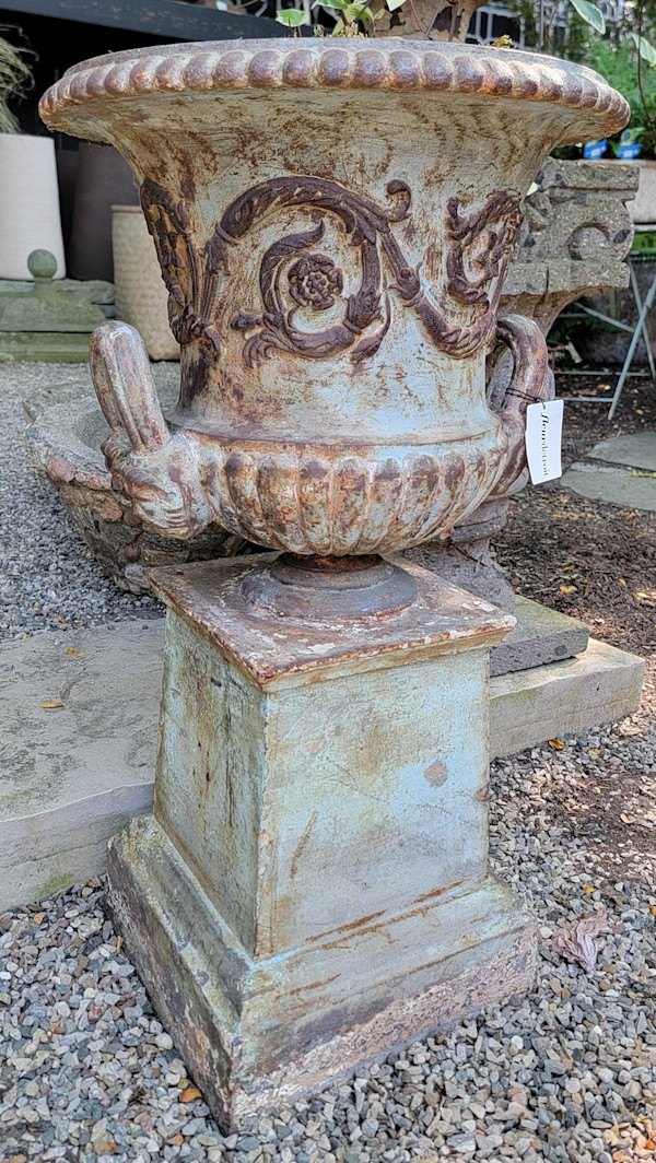 Handyside Floral Scroll Urns on Plinths / Pair by Andrew Handyside