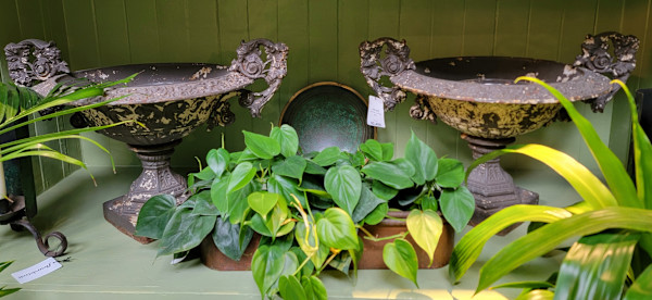Iron Urns w/ Ornate Handles / Pair