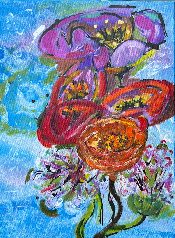 Red Flowers and a Green Vase by Pamela Roberts