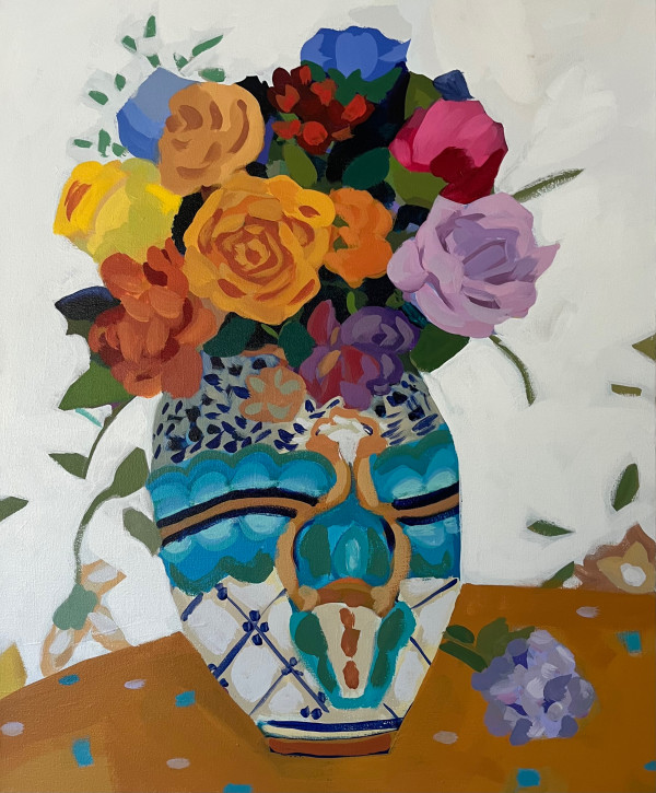 Aqua jar on brown table by June McCartney