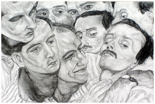 you, johanna, you scot, you paul and dearest tom (From "Weightless", series) watercolor pencil, $300.  Buyer pays shipping.  Prints available, contact artist. by Stephen Mead